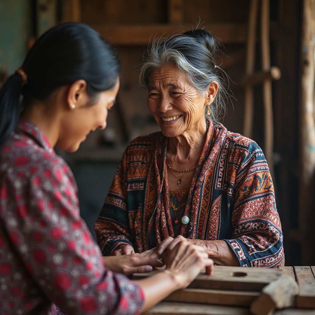 Elder indigenous craftsperson teaching weaving to younger generation